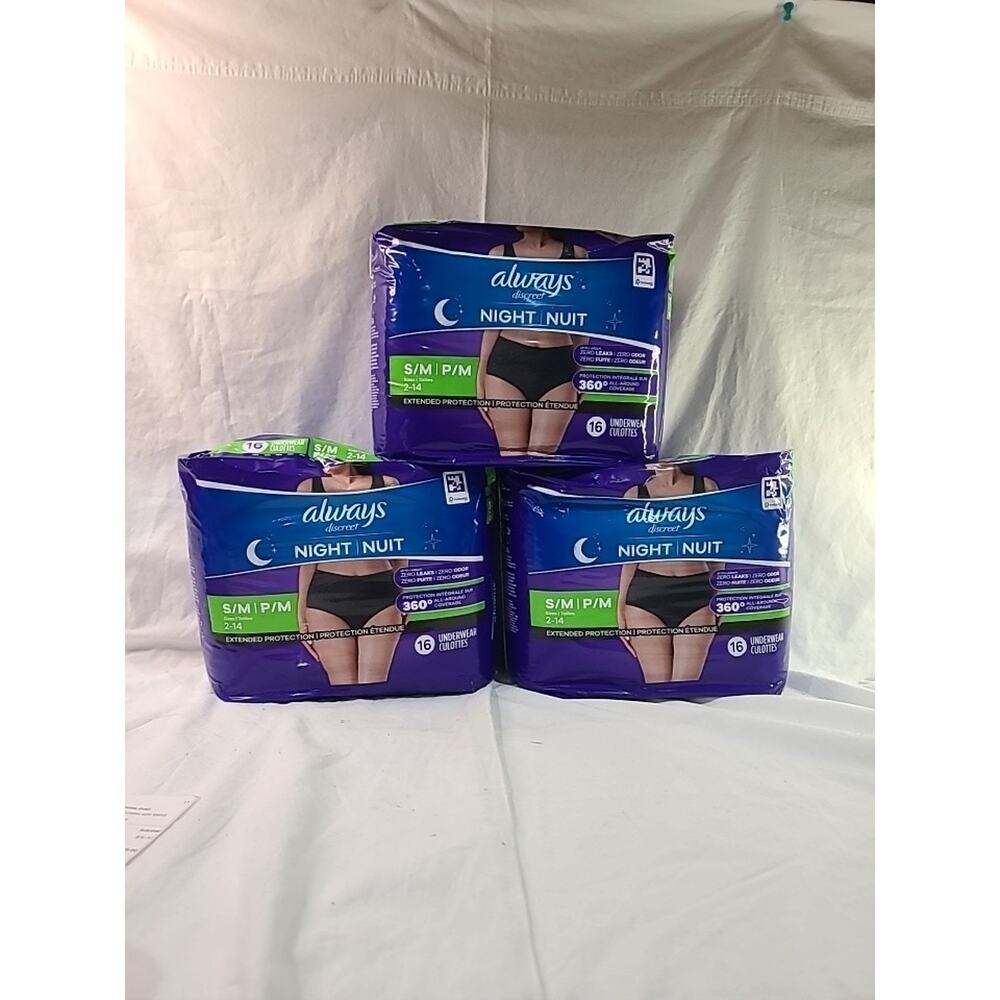 Always Discreet Night Menstrual Underwear S/M 3 Packs 16 Ct Women Standard New